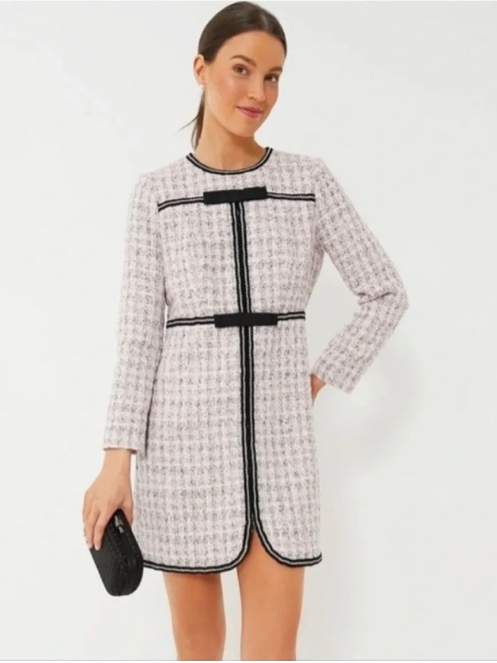 Pomander Place | Pink Boucle Dress with Black Bow Detail, M